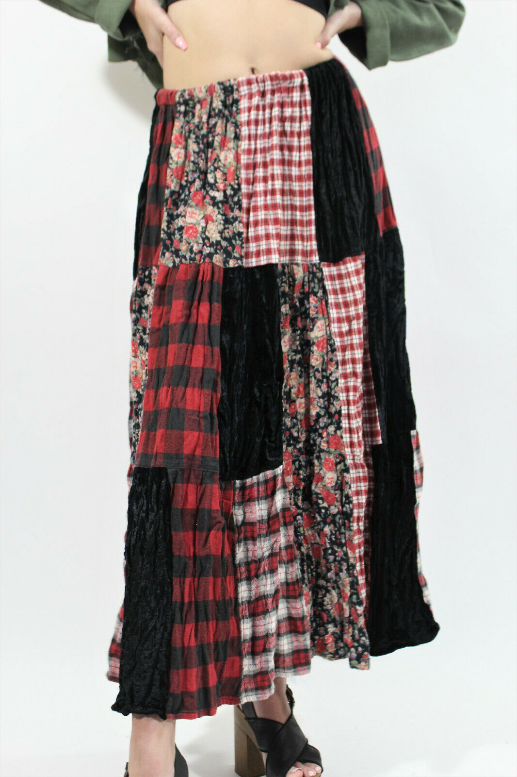 VTG 90s Styleworks Broomstick Flannel Velvet Floral Patchwork Dress Skirt s/m - Fresh Stock Dated February 2026