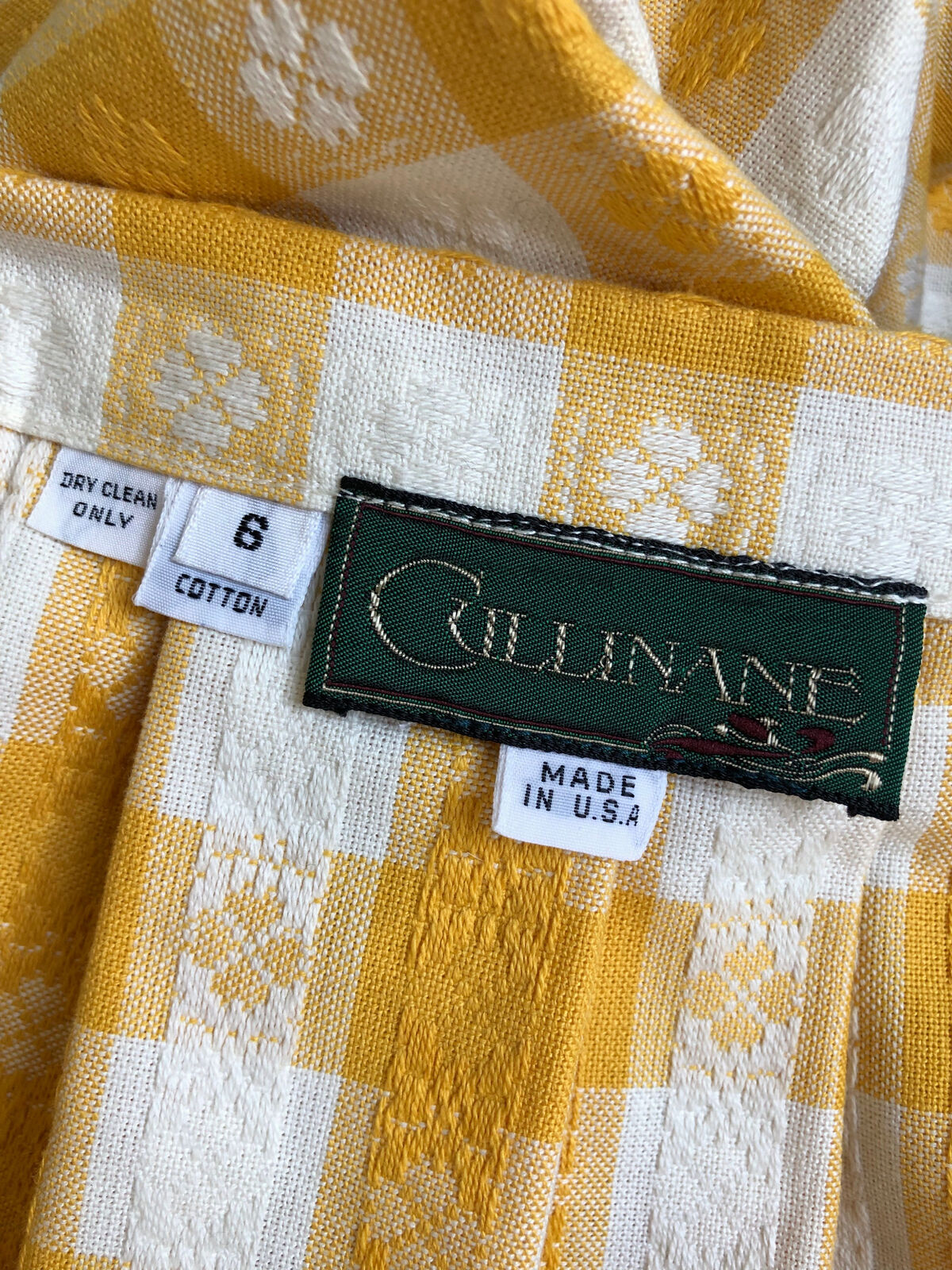VTG CULLINANE BRIGHT YELLOW WHITE TABLECLOTH GINGHAM FRINGE COTTON MIDI SKIRT - Fresh Stock Dated March 2026