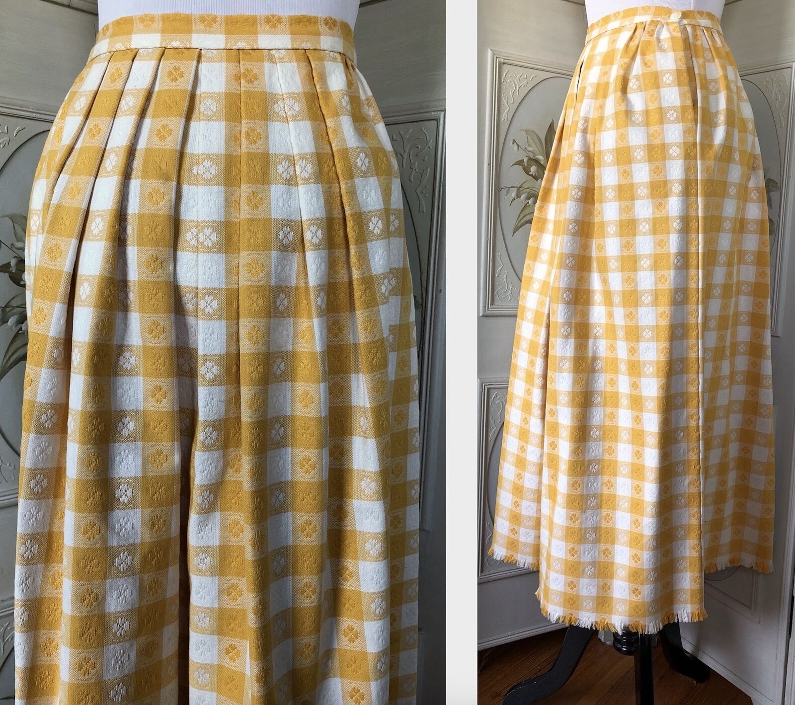 VTG CULLINANE BRIGHT YELLOW WHITE TABLECLOTH GINGHAM FRINGE COTTON MIDI SKIRT - Fresh Stock Dated March 2026