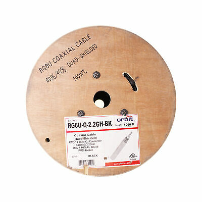 ORBIT RG6U-Q-2.2GH-BK QUAD SHIELD RG6U COAXIAL CABLE, 2.2GHZ, BLACK, SATV, 1000' - Fresh Stock Dated December 2025