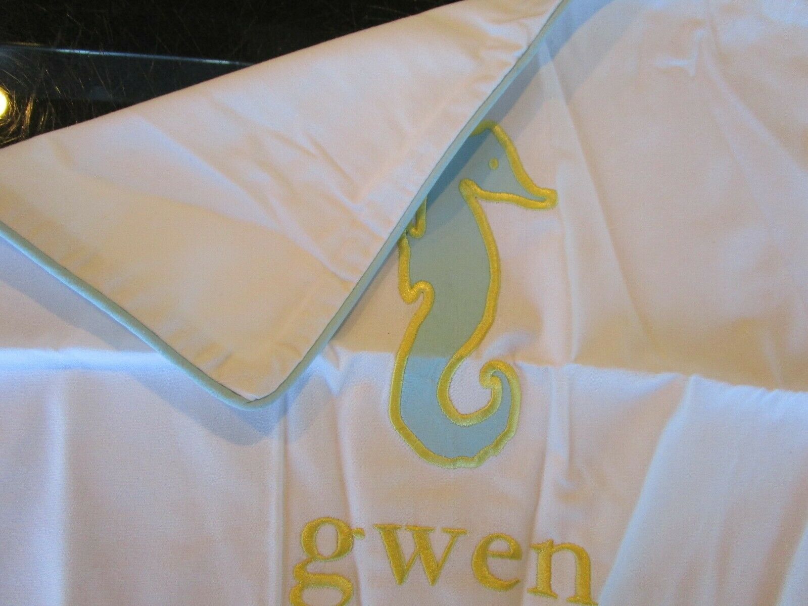 Pottery Barn Kids Seahorse monogrammed Gwen pillow cover 16 photo shoot sample - Fresh Stock Dated December 2025