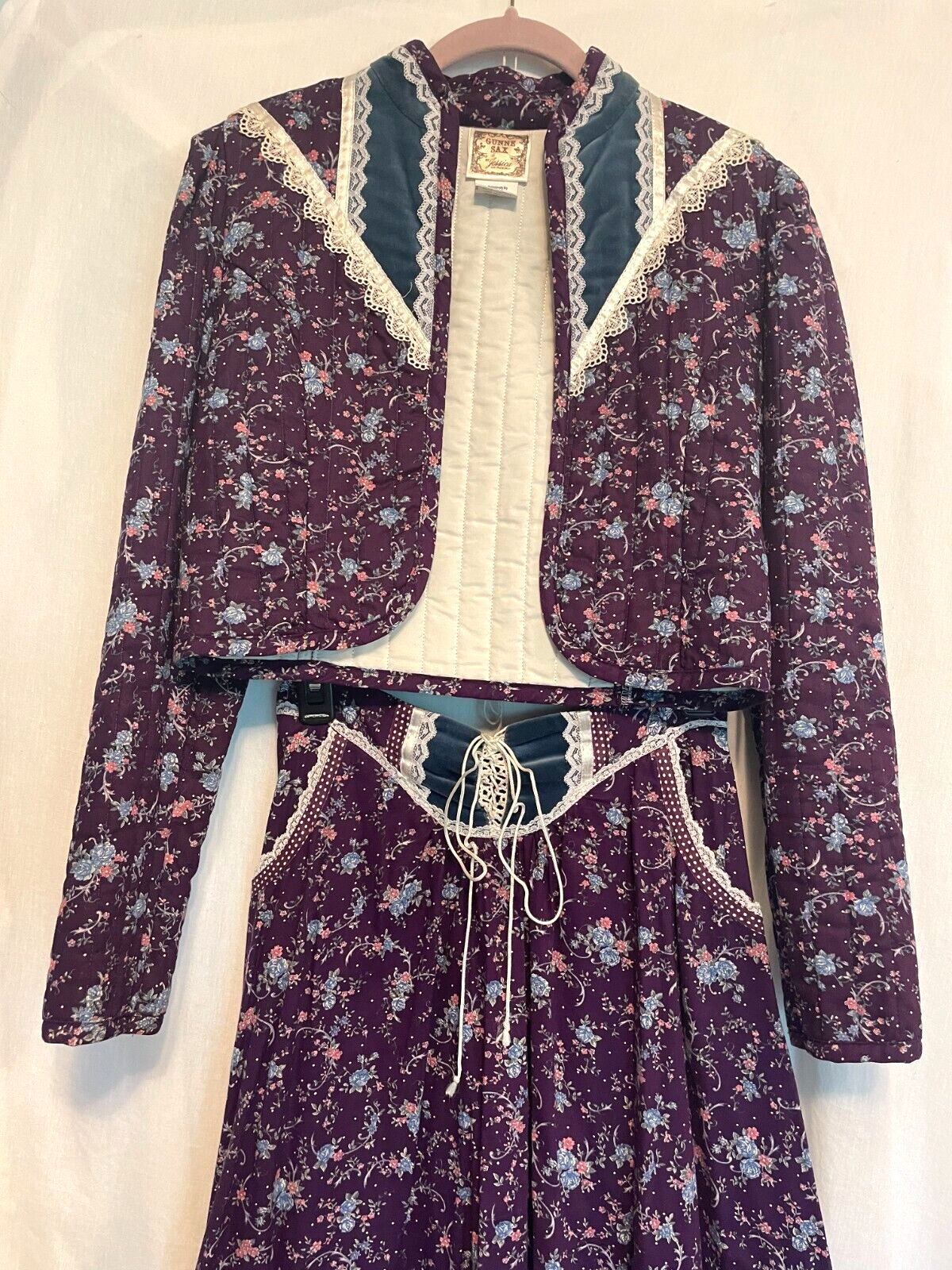 Vtg 1970s Gunne Sax Prairie Two Piece Quilted Jacket & Skirt Purple Floral Sz 9 - Fresh Stock Dated March 2026
