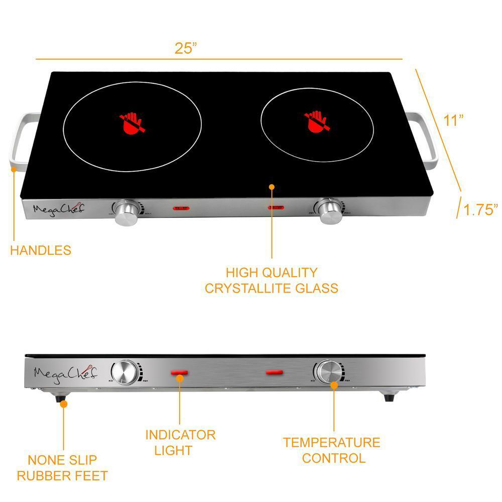MegaChef Infrared Countertop Hot Plate 2-Burner 6-Inch Stainless Steel Black - Fresh Stock Dated February 2026