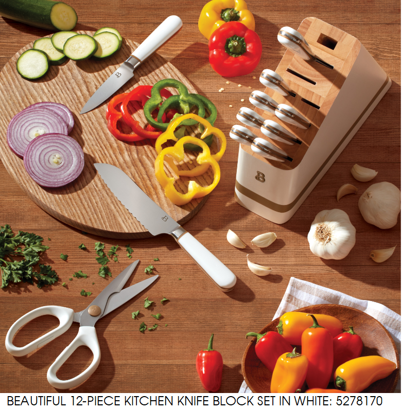 Beautiful 12-piece Kitchen Knife Block Set in White - Fresh Stock Dated December 2025