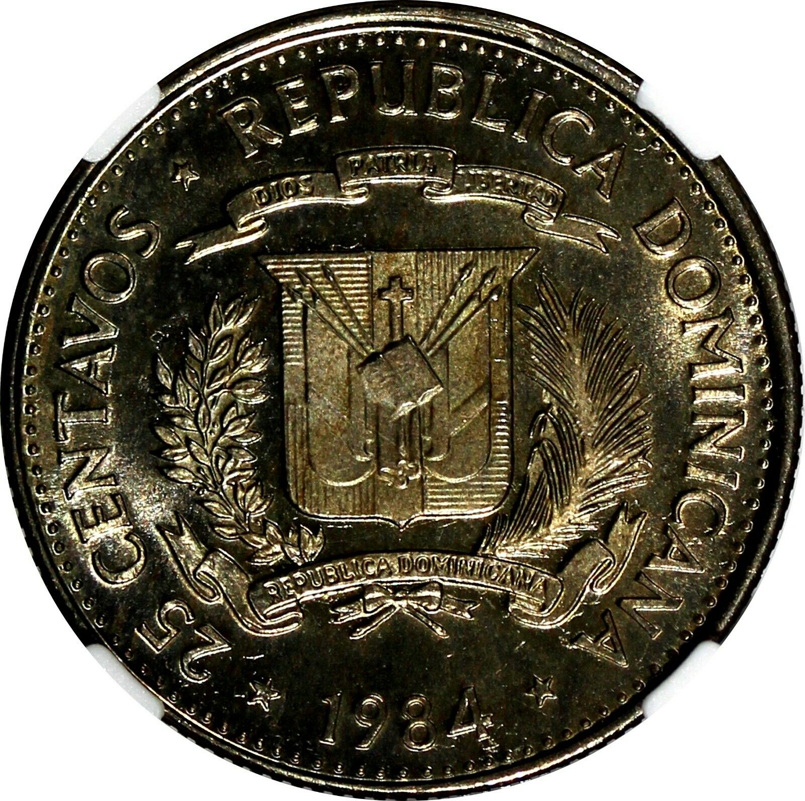 DOMINICAN REPUBLIC PROOF 1984 MO 25 Centavos NGC PF65 CAMEO TOP GRADED KM# 61.1 - Fresh Stock Dated December 2025