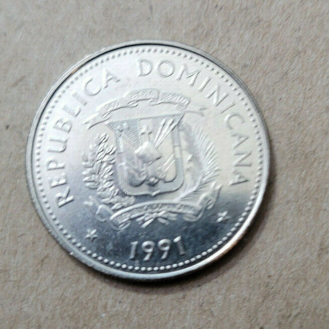 Dominican Republic 25 centavos, 1991, KM#71, Nickel clad steel, cart w/2 oxen,AU - Fresh Stock Dated February 2026