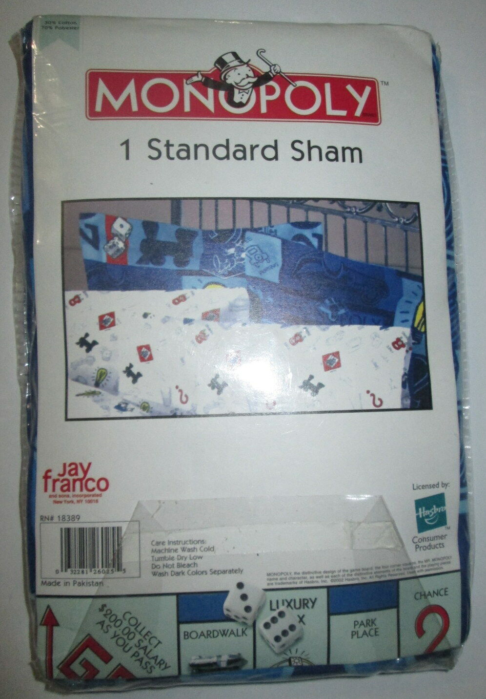 Monopoly Game Single Standard Sham 20x26 ONE SHAM not case Jay Franco NIP - Fresh Stock Dated February 2026