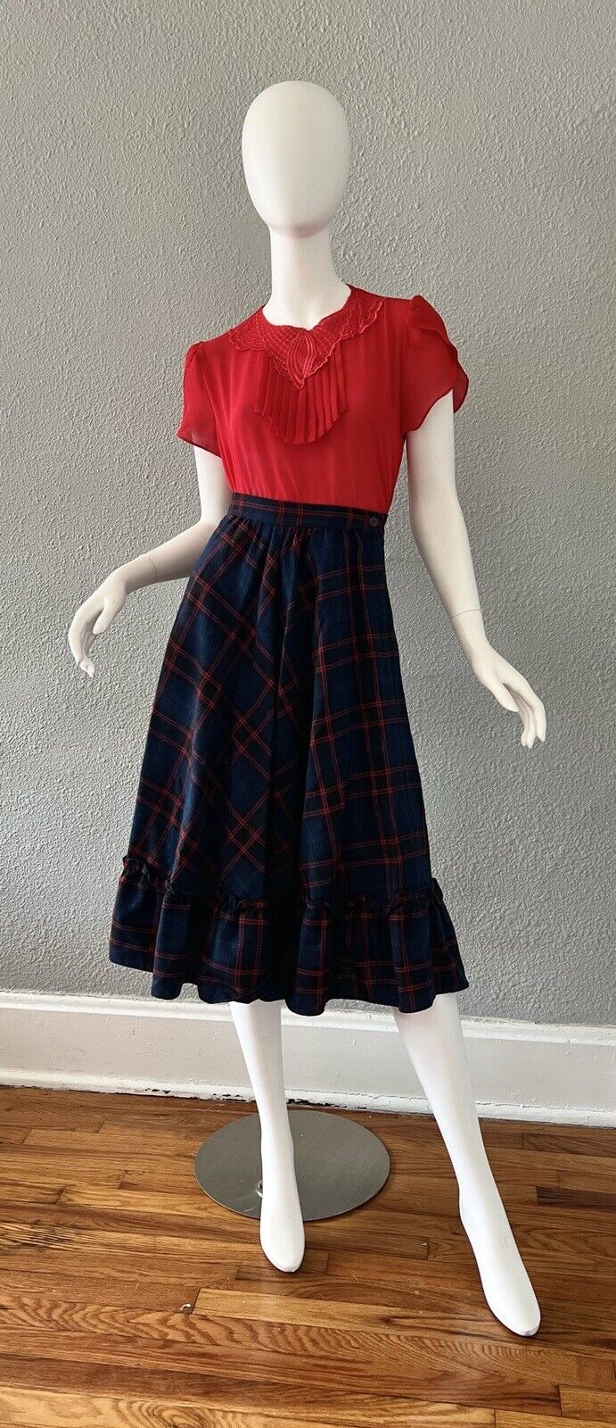 Vintage 70s Navy High Waist WOOL Plaid Ruffle Midi Full Prairie Skirt XS - Fresh Stock Dated March 2026