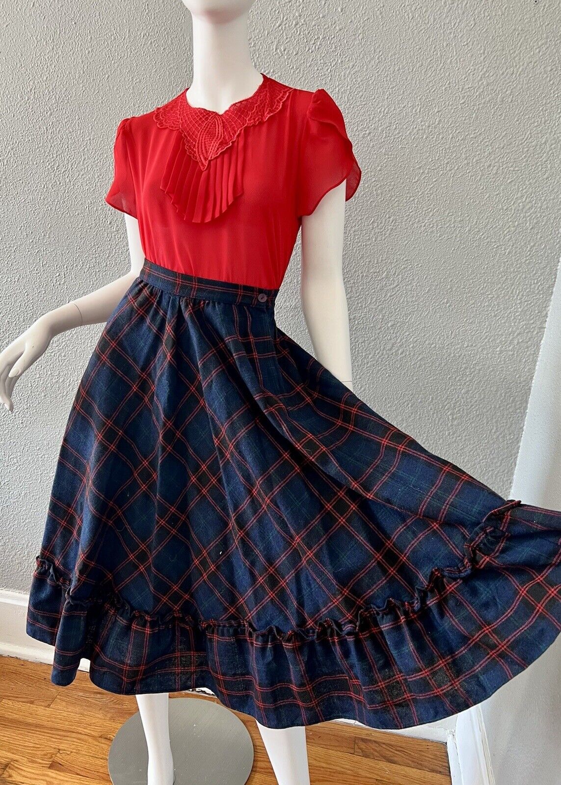 Vintage 70s Navy High Waist WOOL Plaid Ruffle Midi Full Prairie Skirt XS - Fresh Stock Dated March 2026