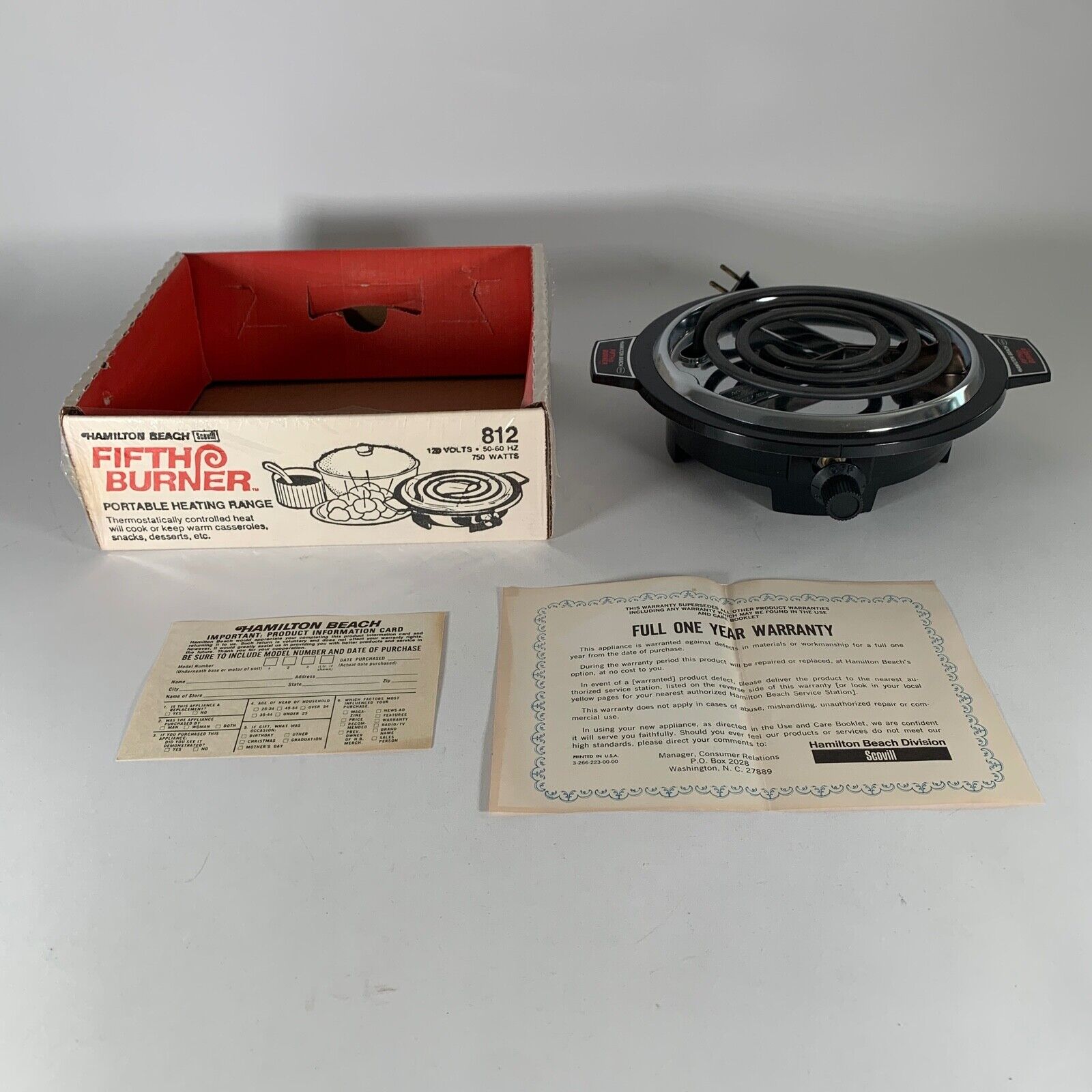 Vintage Hamilton Beach Fifth Burner Portable Hot Plate Model 812-2 USA 750 Watts - Fresh Stock Dated February 2026