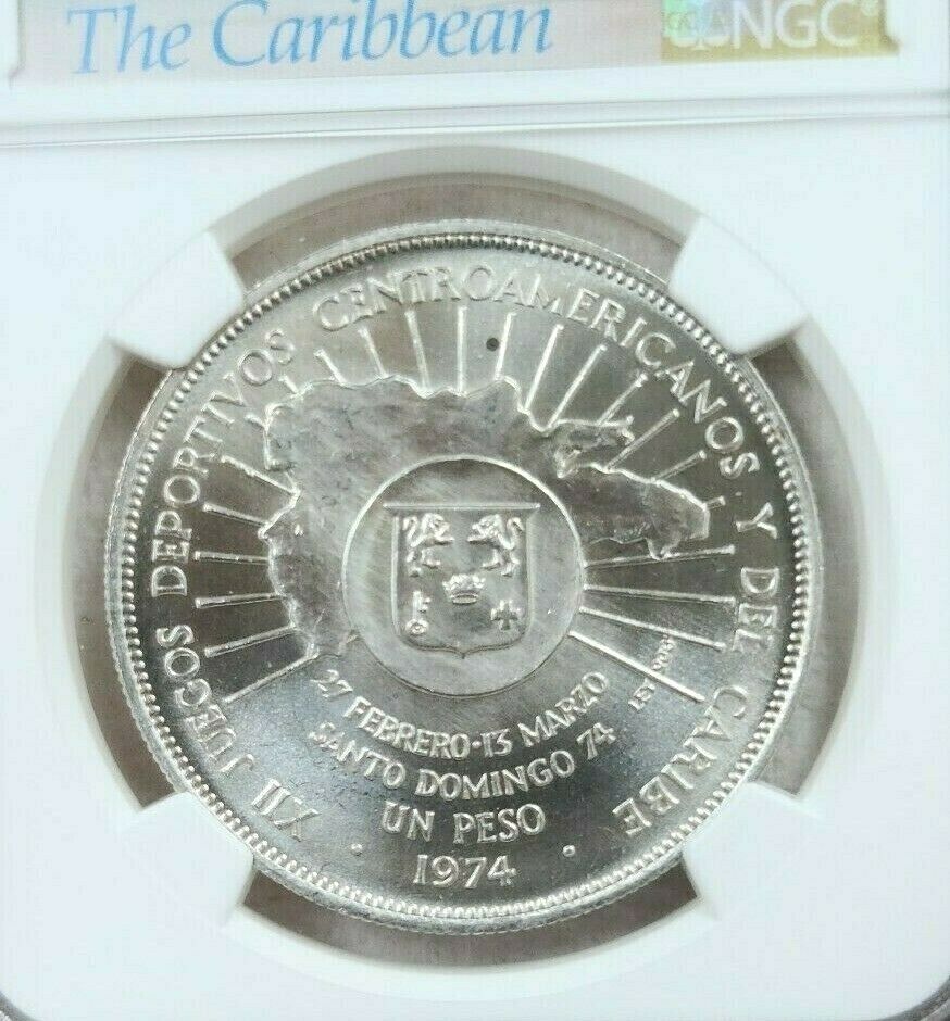 1974 DOMINICAN REPUBLIC SILVER 1 PESO CENTRAL AMERICAN GAMES NGC MS 66 GEM BU - Fresh Stock Dated February 2026