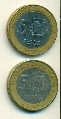 2 BI-METAL 5 PESO COINS from the DOMINICAN REPUBLIC DATING 2002 & 2008 - Fresh Stock Dated February 2026
