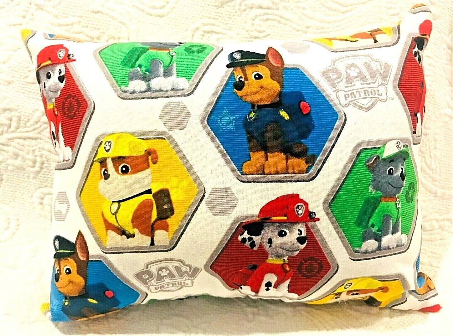 NEW HANDMADE MINI WHITE PAW PATROL TODDLER/ TRAVEL/ CAR PILLOW - Fresh Stock Dated February 2026