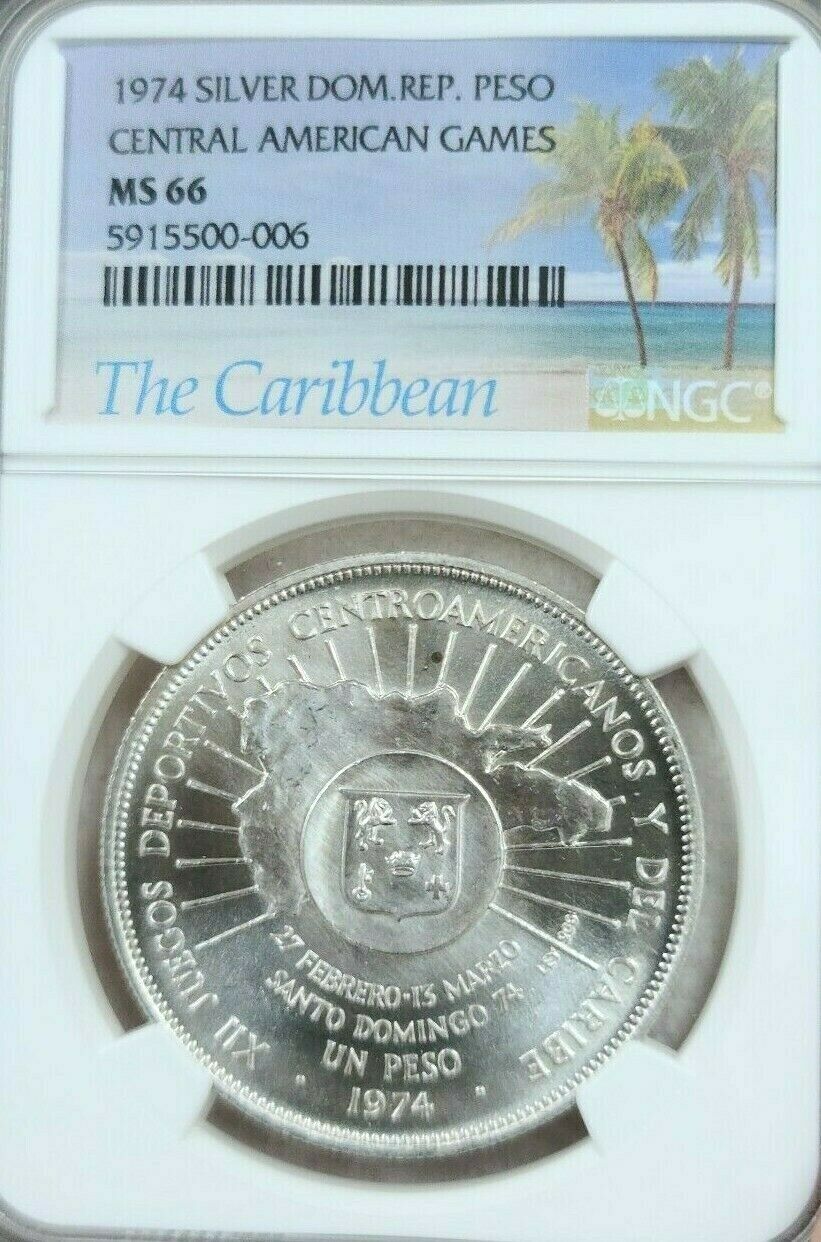 1974 DOMINICAN REPUBLIC SILVER 1 PESO CENTRAL AMERICAN GAMES NGC MS 66 GEM BU - Fresh Stock Dated February 2026
