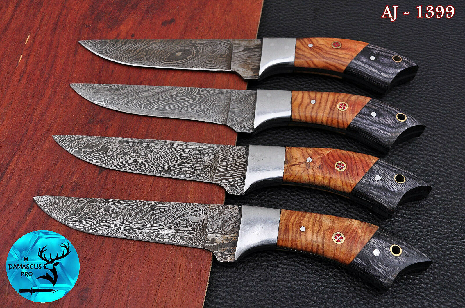 FOUR DAMASCUS STEEL STEAK CHEF KNIFE SET WITH WOOD & STEEL HANDLE - AJ 1399 - Fresh Stock Dated December 2025