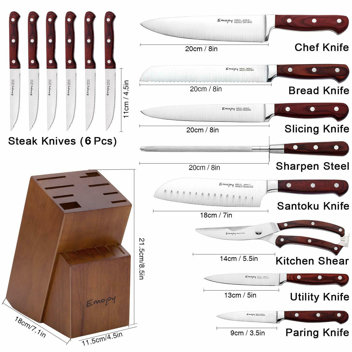 Knife Set, 15-Piece Kitchen Knife Set with Block Wooden German Stainless Steel - Fresh Stock Dated December 2025