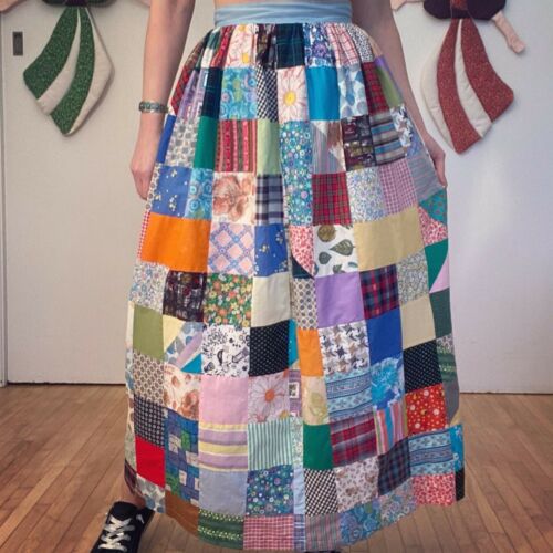 Vintage PATCHWORK HOMESPUN SKIRT 1960s 1970s Quilte Hippie Prairie Dress Boho - Fresh Stock Dated February 2026