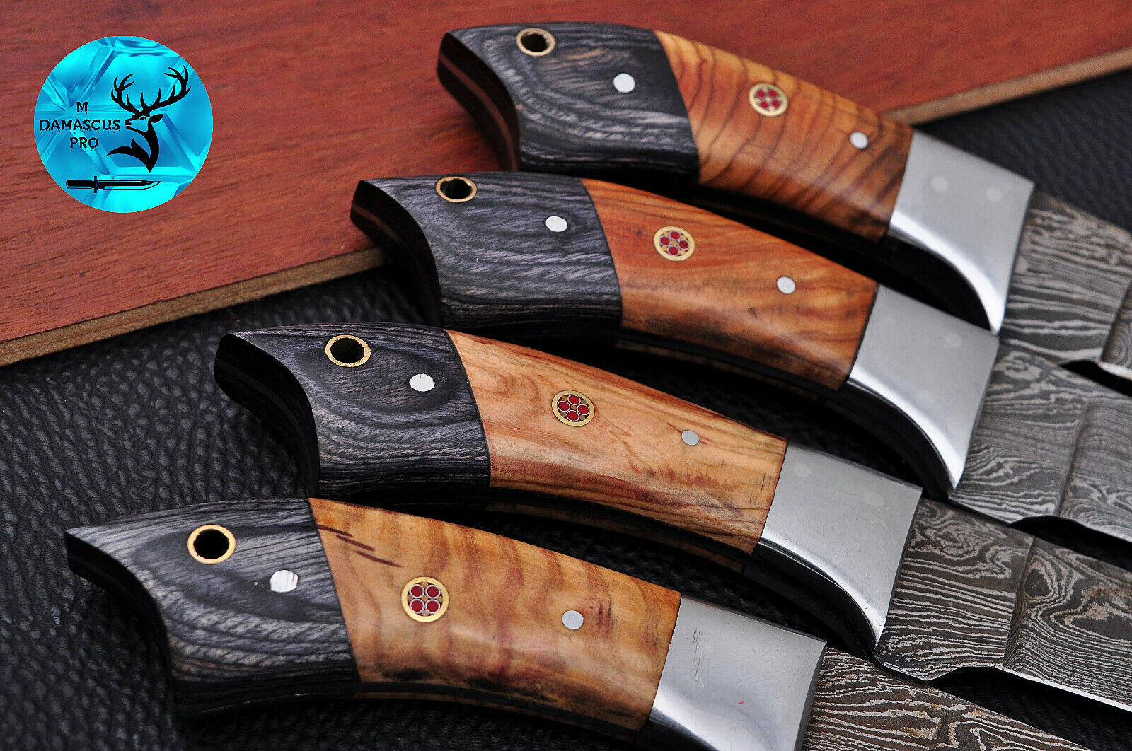 FOUR DAMASCUS STEEL STEAK CHEF KNIFE SET WITH WOOD & STEEL HANDLE - AJ 1399 - Fresh Stock Dated December 2025