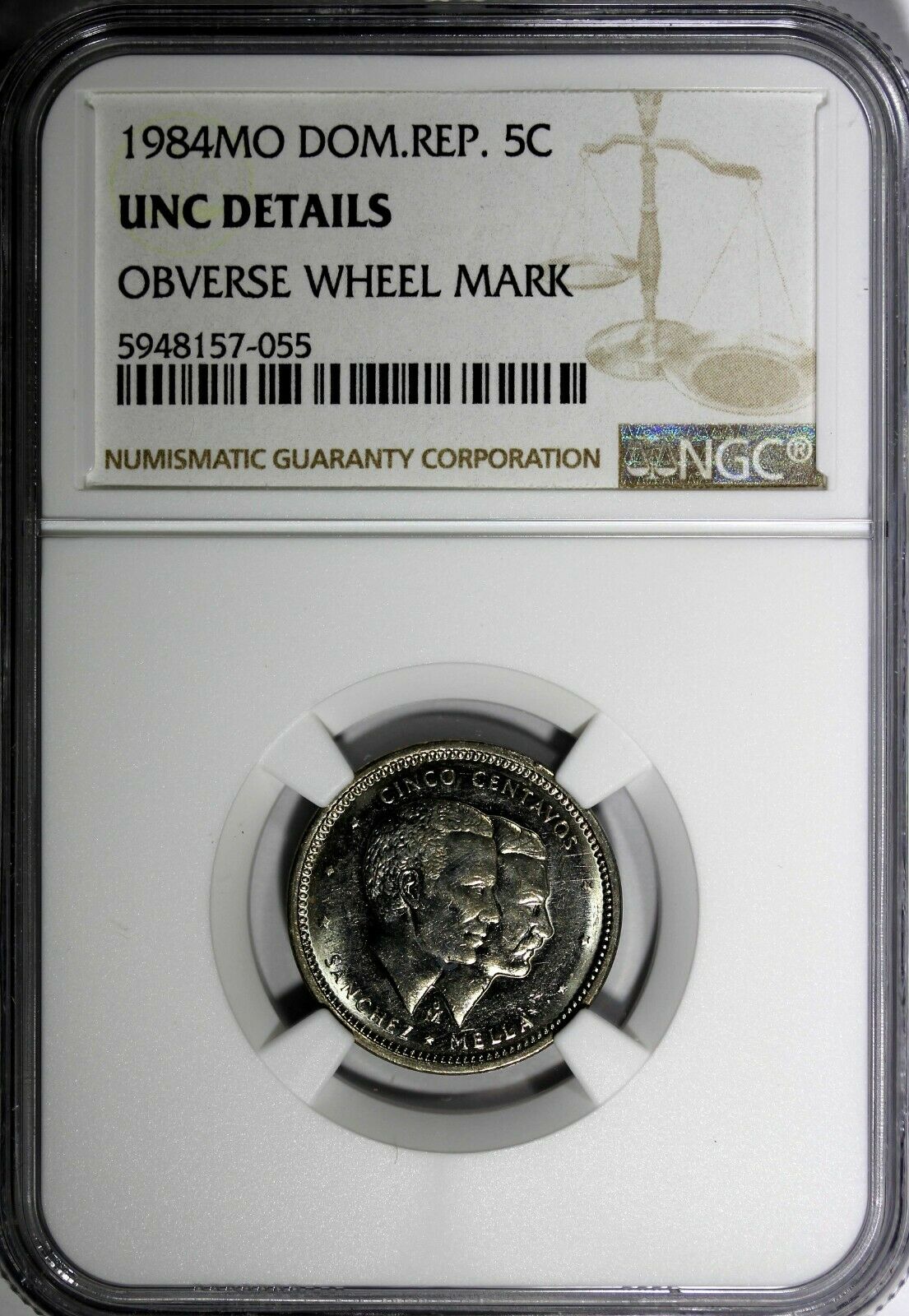 DOMINICAN REPUBLIC 1984 MO 5 Centavos NGC UNC DET. Sanchez and Mella KM# 59 (55) - Fresh Stock Dated December 2025