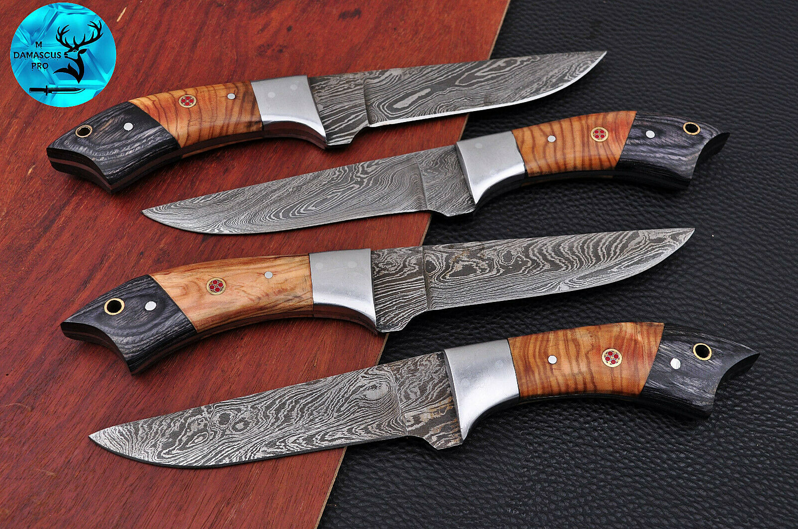 FOUR DAMASCUS STEEL STEAK CHEF KNIFE SET WITH WOOD & STEEL HANDLE - AJ 1399 - Fresh Stock Dated December 2025