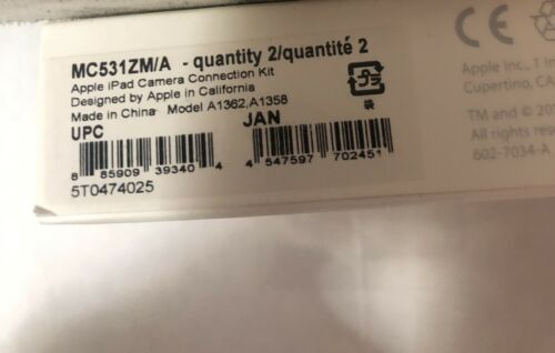 Genuine Apple iPad Camera Connection Kit MC531ZM/A (A1362 & A1358) - Fresh Stock Dated February 2026