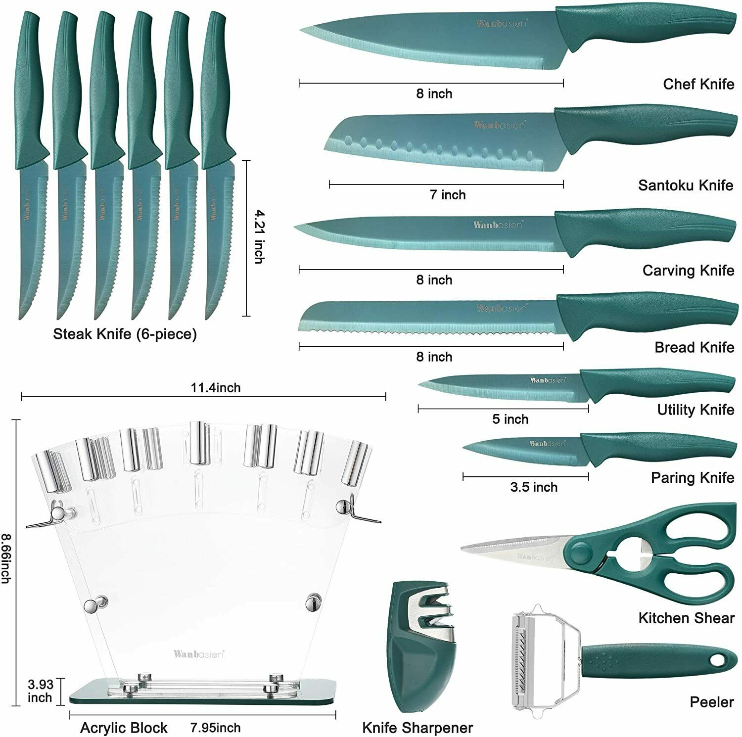 16 pcs Kitchen Knife Set Wanbasion Dishwasher Safe Stainless Steel Acryl Block - Fresh Stock Dated January 2026