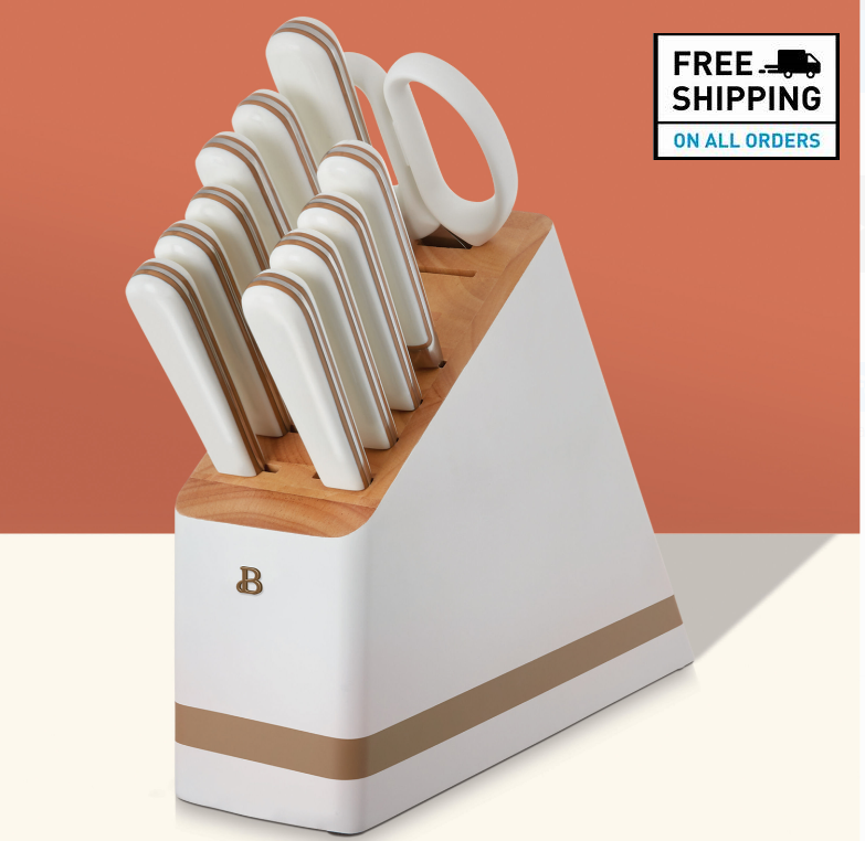 Beautiful 12-piece Kitchen Knife Block Set in White - Fresh Stock Dated December 2025
