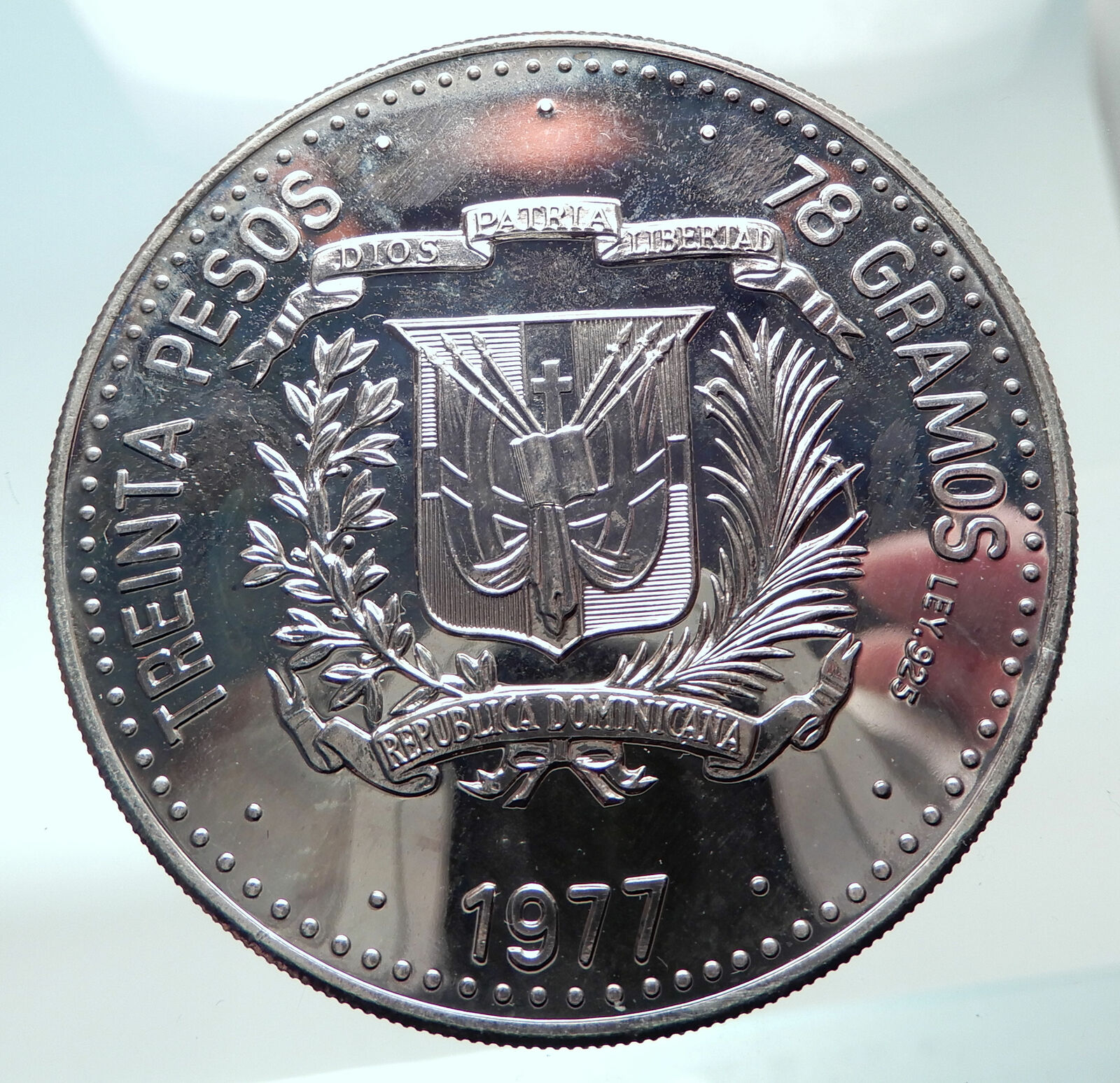 1977 DOMINICAN REPUBLIC 30th Central Bank Silver Proof 30 Pesos Coin i82466 - Fresh Stock Dated December 2025