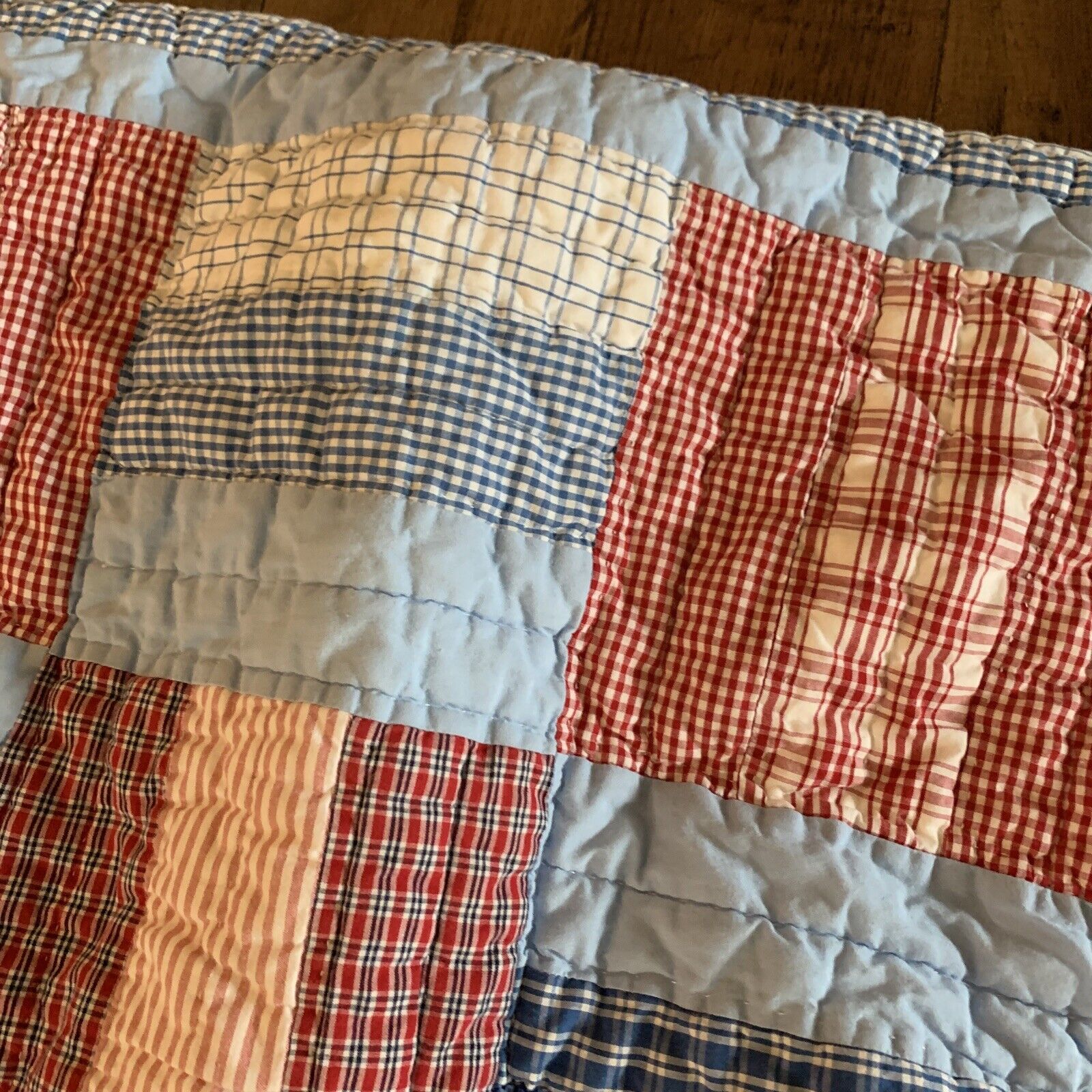 Pottery Barn Kids Red White Blue Stripe Plaid Gingham Quilted Standard Sham - Fresh Stock Dated February 2026