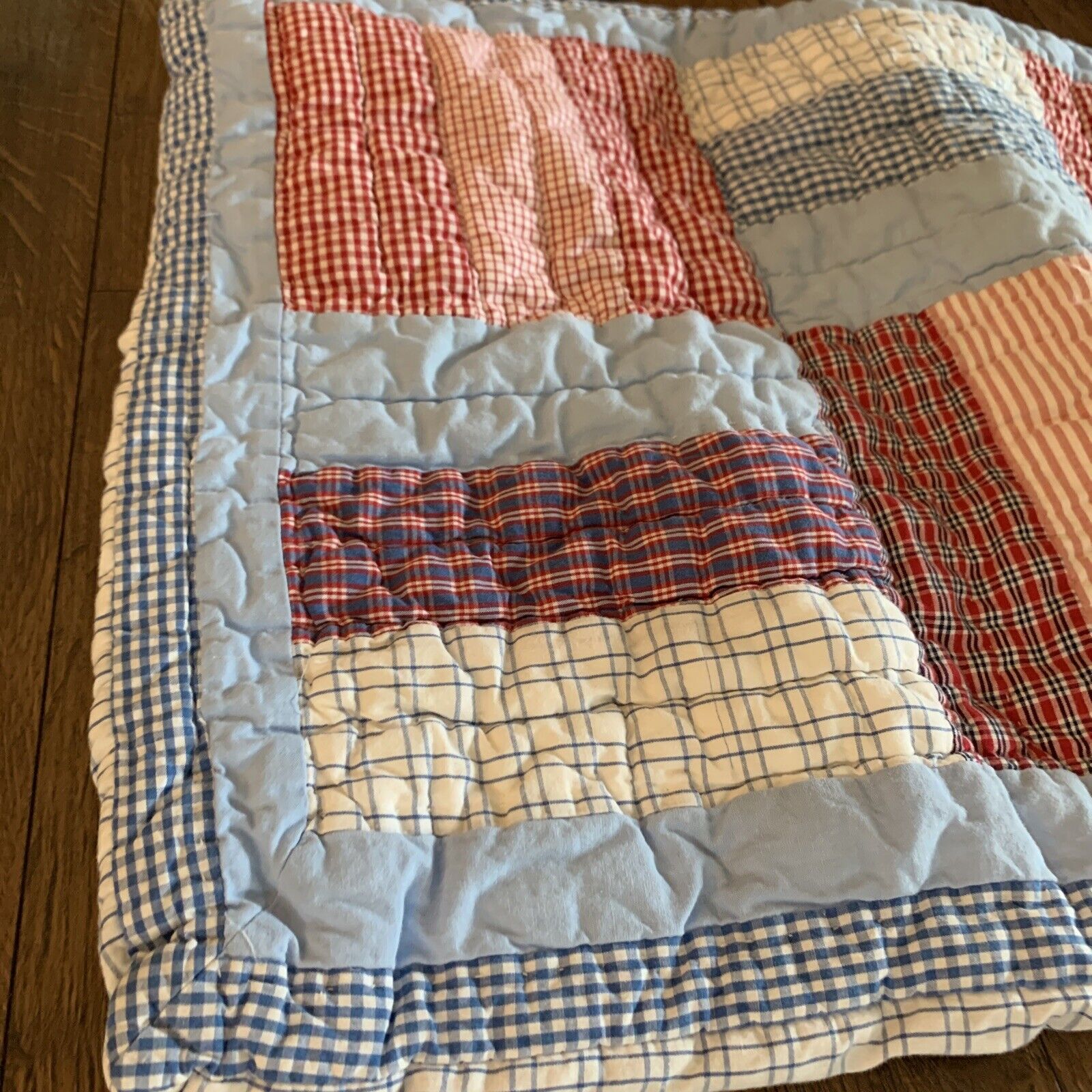 Pottery Barn Kids Red White Blue Stripe Plaid Gingham Quilted Standard Sham - Fresh Stock Dated February 2026