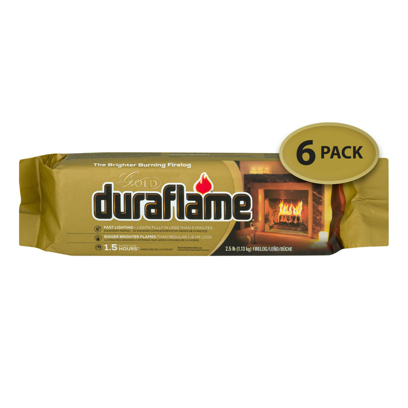 Duraflame Gold Brighter Burning 2.5 lb Firelogs 6-Pack Case Burns Over 1.5 Hours - Fresh Stock Dated February 2026
