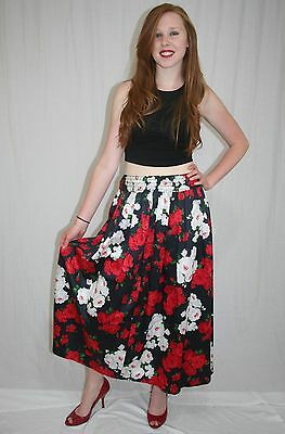 Vintage 80s Black White Red ROSE Floral High Waist Full COTTON Maxi Skirt S M - Fresh Stock Dated February 2026