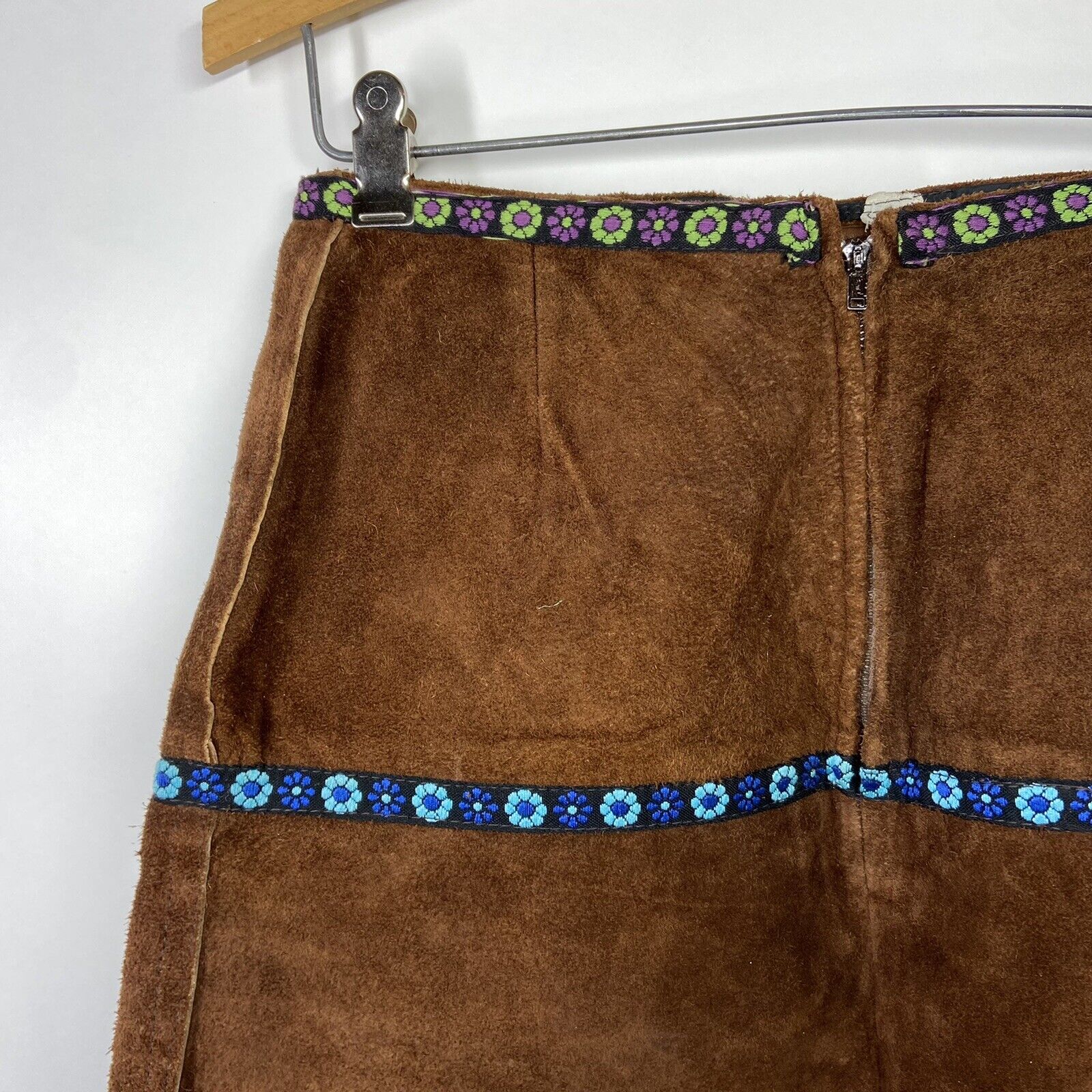True Vintage 70s Small? Floral Trim Suede Leather Brown Mini Boho Hippie Skirt - Fresh Stock Dated March 2026