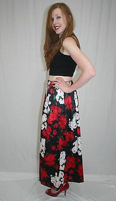 Vintage 80s Black White Red ROSE Floral High Waist Full COTTON Maxi Skirt S M - Fresh Stock Dated February 2026
