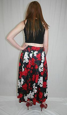 Vintage 80s Black White Red ROSE Floral High Waist Full COTTON Maxi Skirt S M - Fresh Stock Dated February 2026