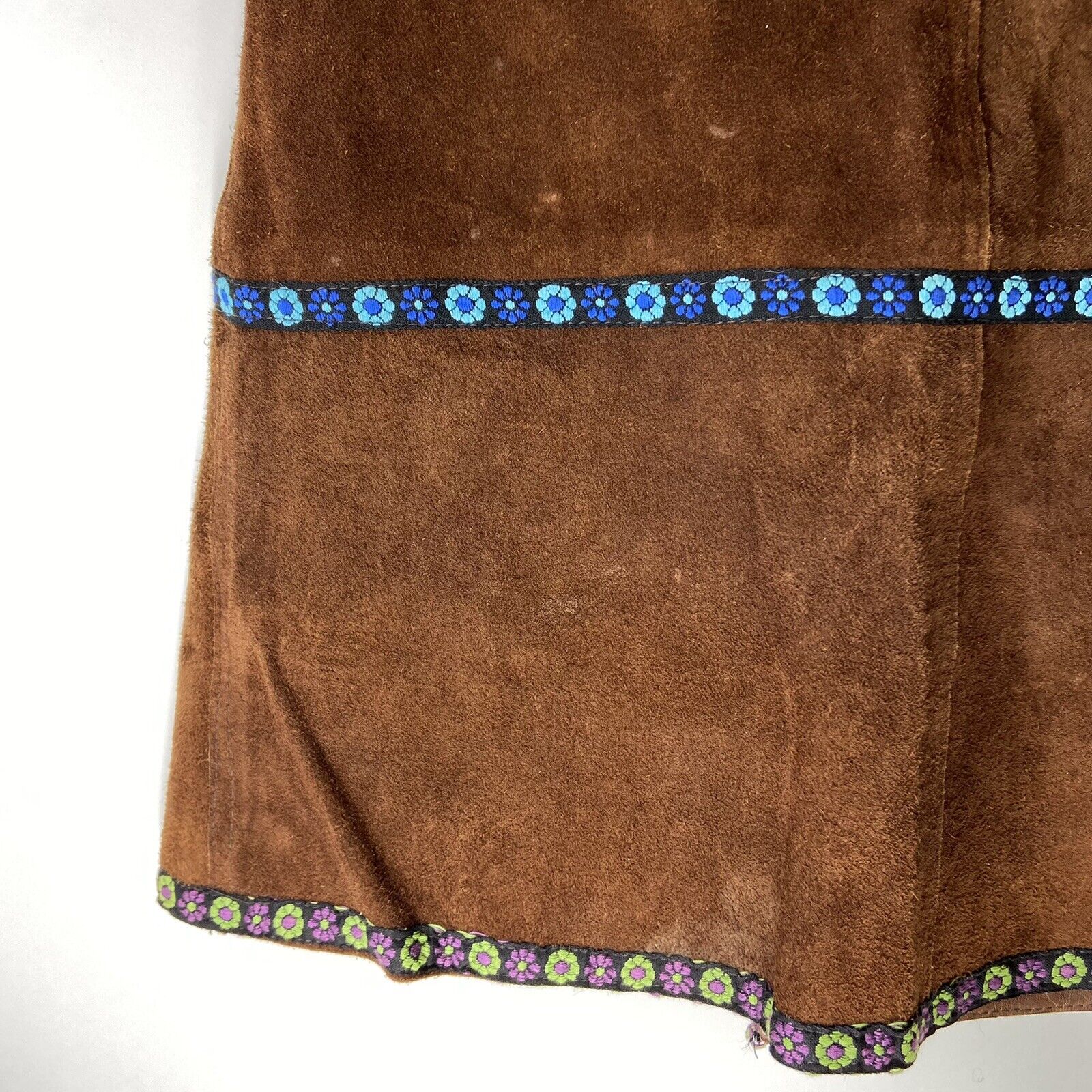 True Vintage 70s Small? Floral Trim Suede Leather Brown Mini Boho Hippie Skirt - Fresh Stock Dated March 2026