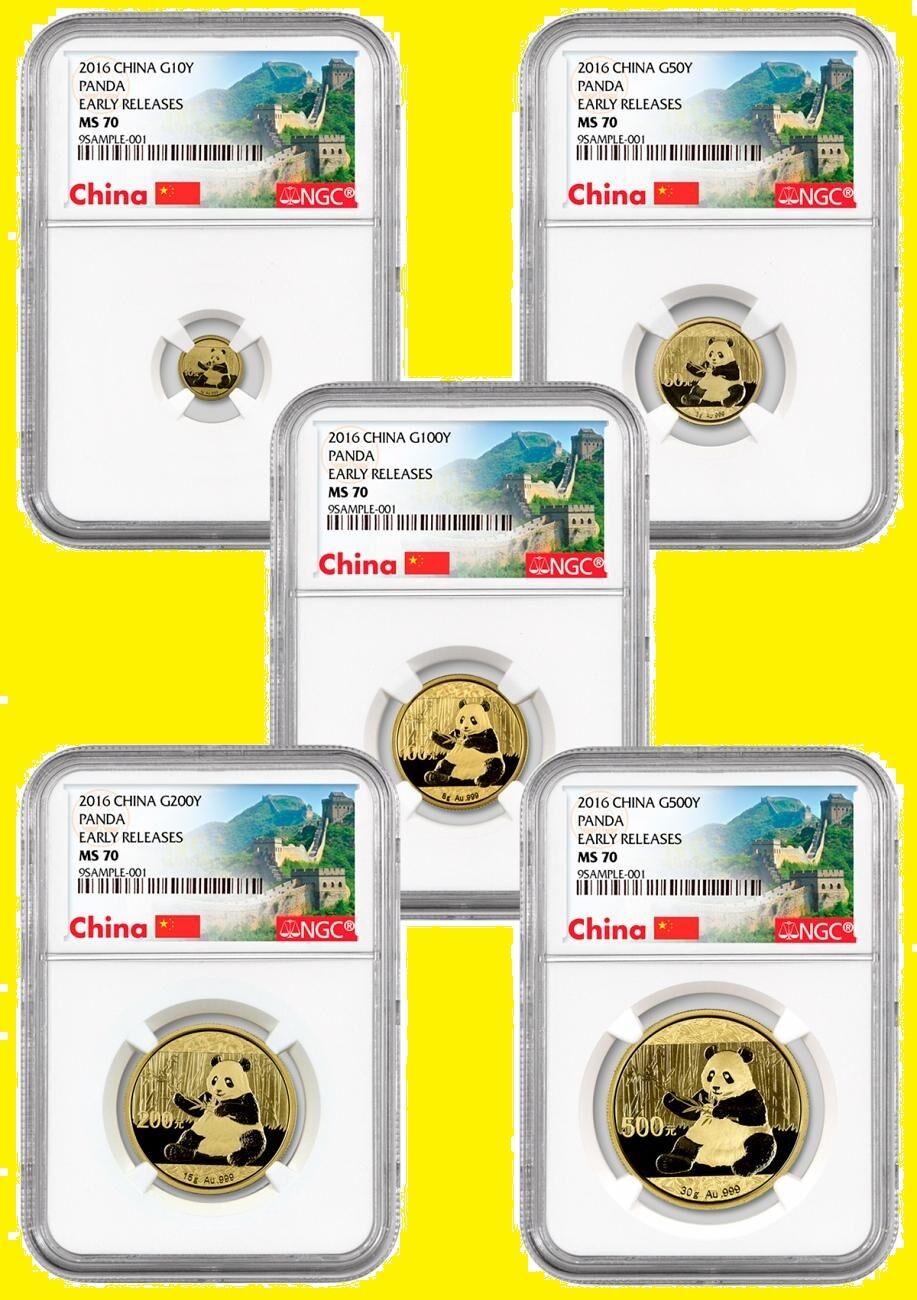 2017 CHINA GOLD PANDA 6 COINS EARLY RELEASE NGC MS 70 COMPLETE  WALL LBL POP 1 - Fresh Stock Dated February 2026