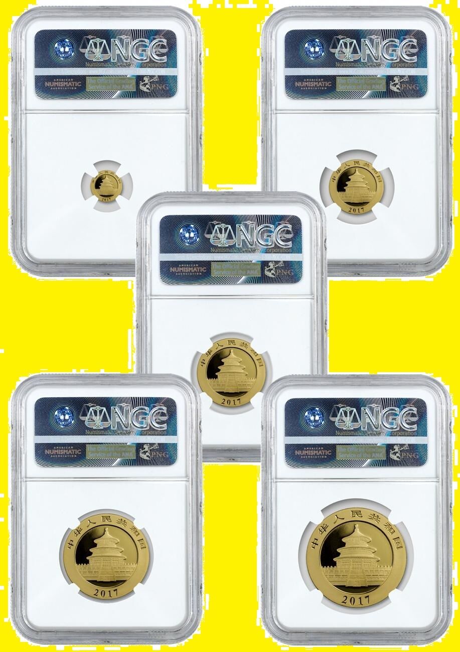 2017 CHINA GOLD PANDA 6 COINS EARLY RELEASE NGC MS 70 COMPLETE  WALL LBL POP 1 - Fresh Stock Dated February 2026