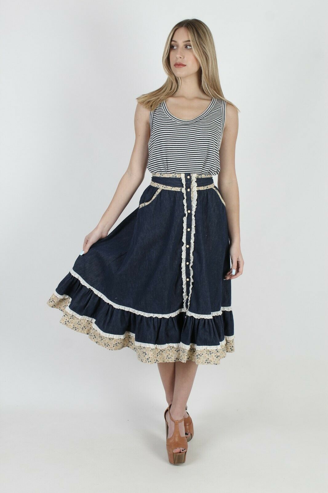 Vtg 70s Prairie Country Skirt Denim Calico Floral Folk Pockets Lace Midi Mini - Fresh Stock Dated February 2026