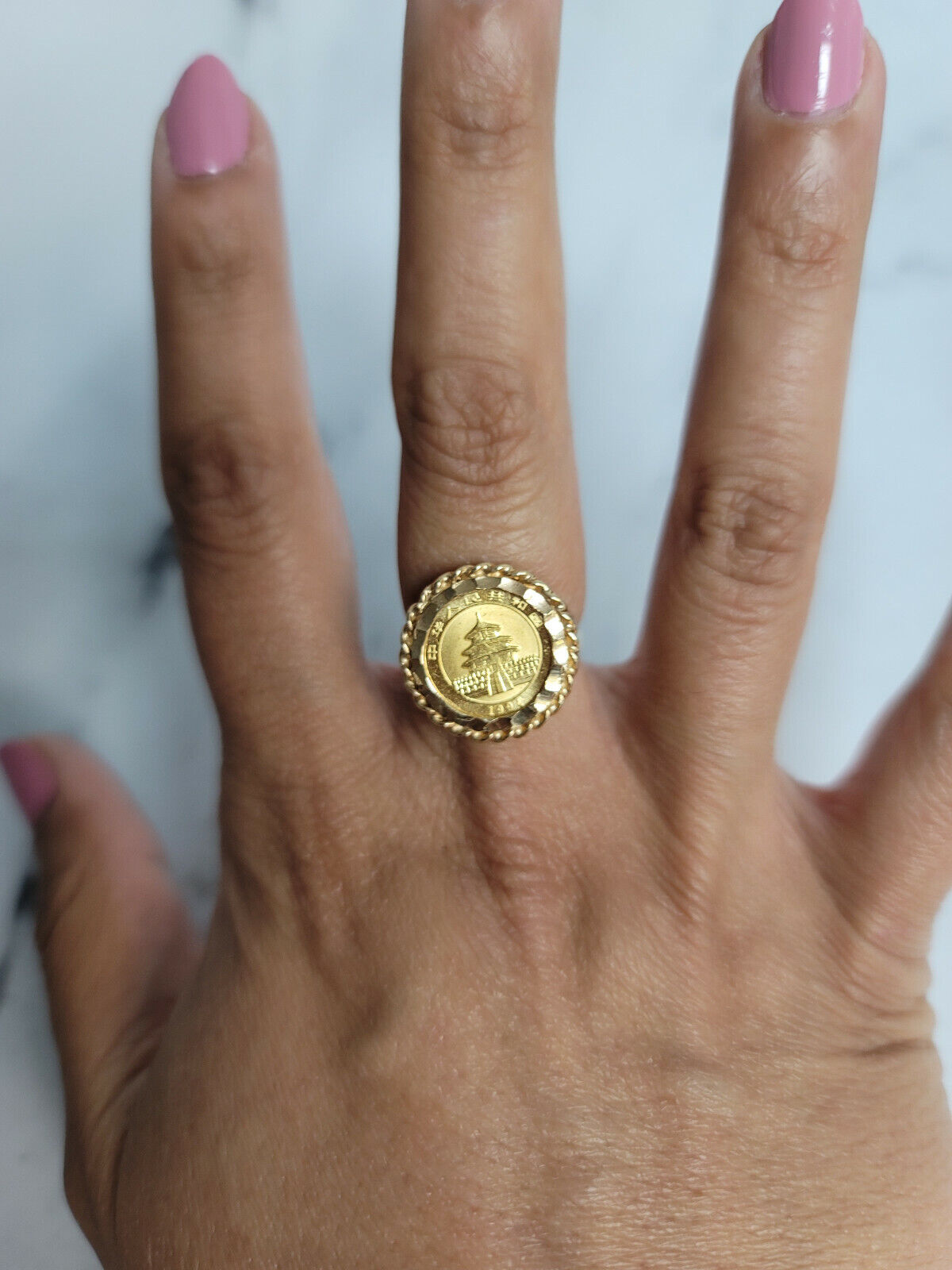 1994 Panda Coin Ring w/ rope bezel with diamond cuts 14k Yellow Gold Asian coin - Fresh Stock Dated February 2026