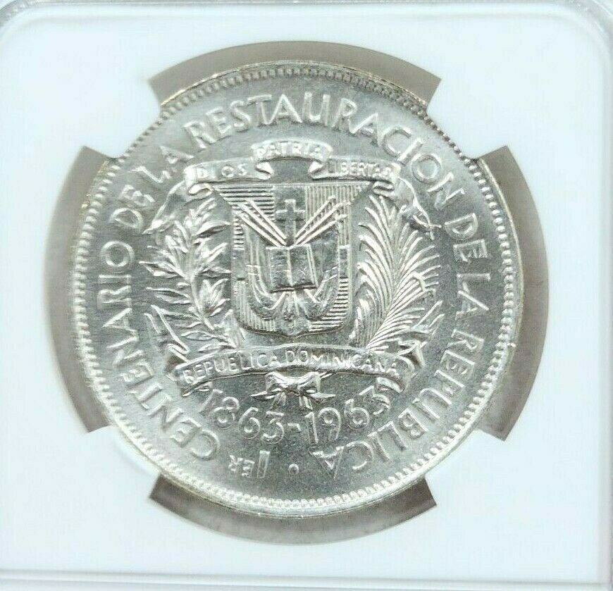 1963 DOMINICAN REPUBLIC SILVER 1 PESO REPUBLIC RESTORATION NGC MS 65+ GEM BU - Fresh Stock Dated February 2026