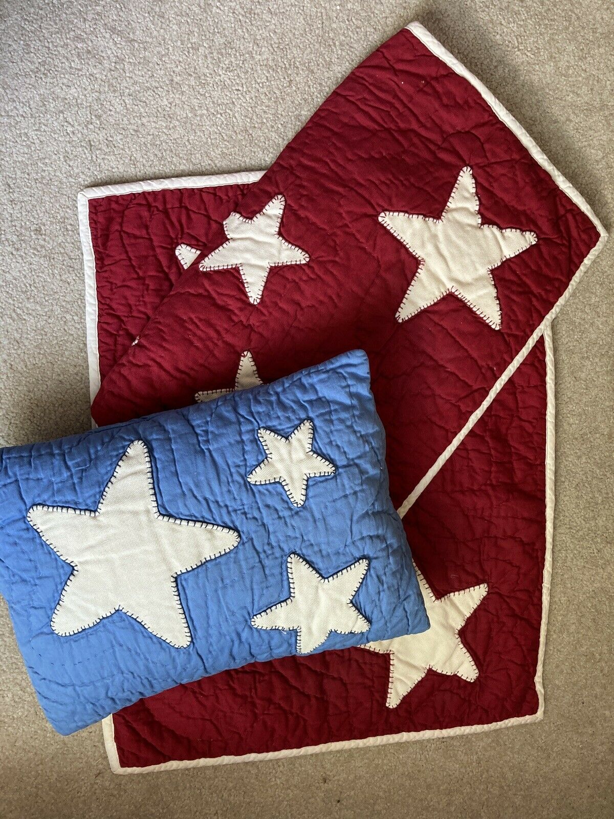 Pottery Barn Kids Full red & white stars pick stitched quilt, 2 standard, 1 blue - Fresh Stock Dated February 2026