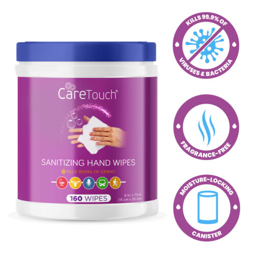 Care Touch Hand Sanitizing Wipes (3 Canisters) | 480 Antiseptic Wipes - Fresh Stock Dated February 2026