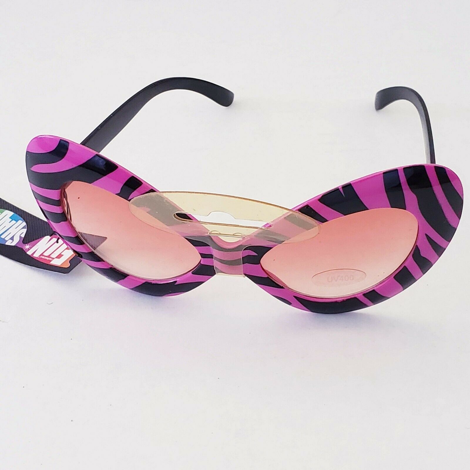 1 pair Pink Zebra novelty sunglasses & tinted lense costume retro - Fresh Stock Dated December 2025