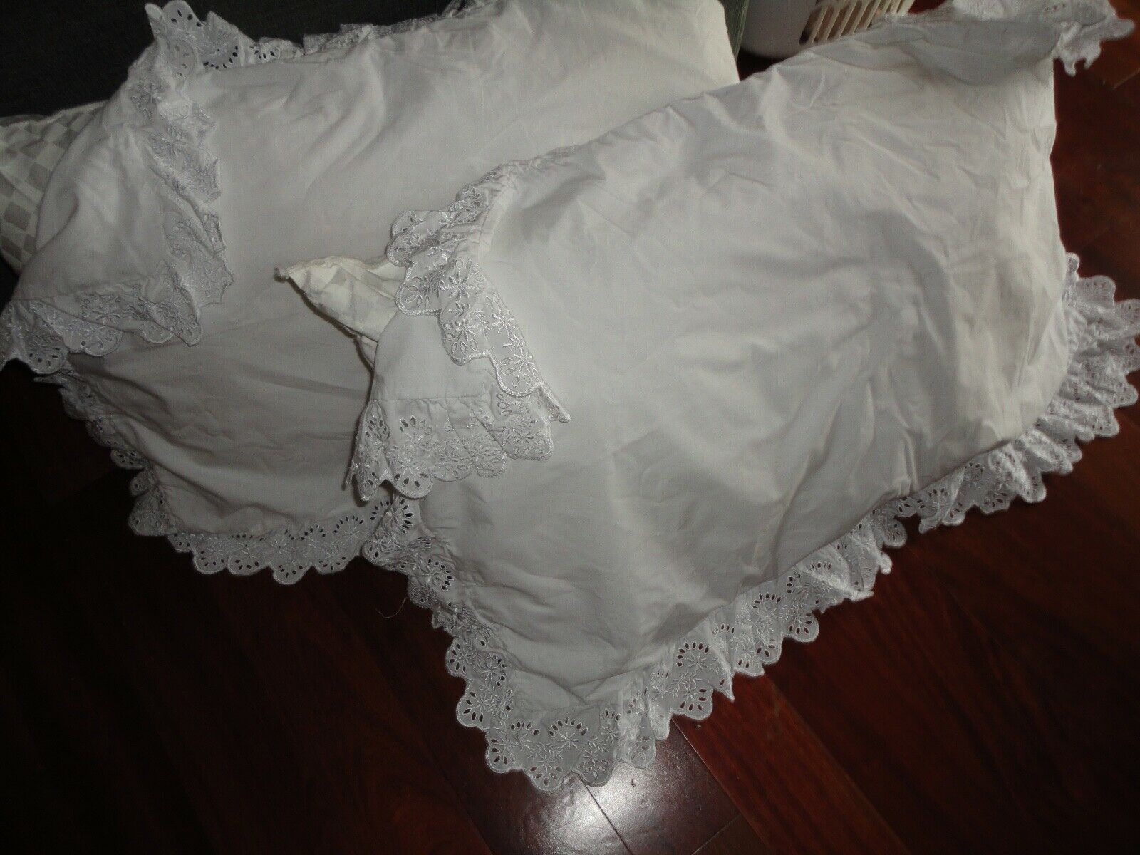 HOME CLASSICS WHITE EYELET EMBROIDERED RUFFLED (2) KING PILLOW SHAMS 20X36 - Fresh Stock Dated December 2025