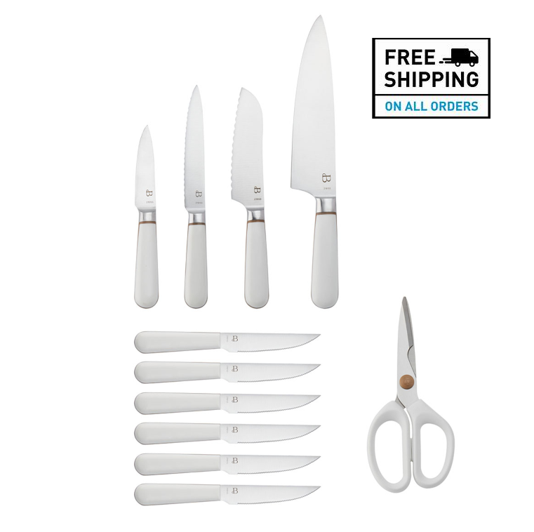 Beautiful 12-piece Kitchen Knife Block Set in White - Fresh Stock Dated December 2025