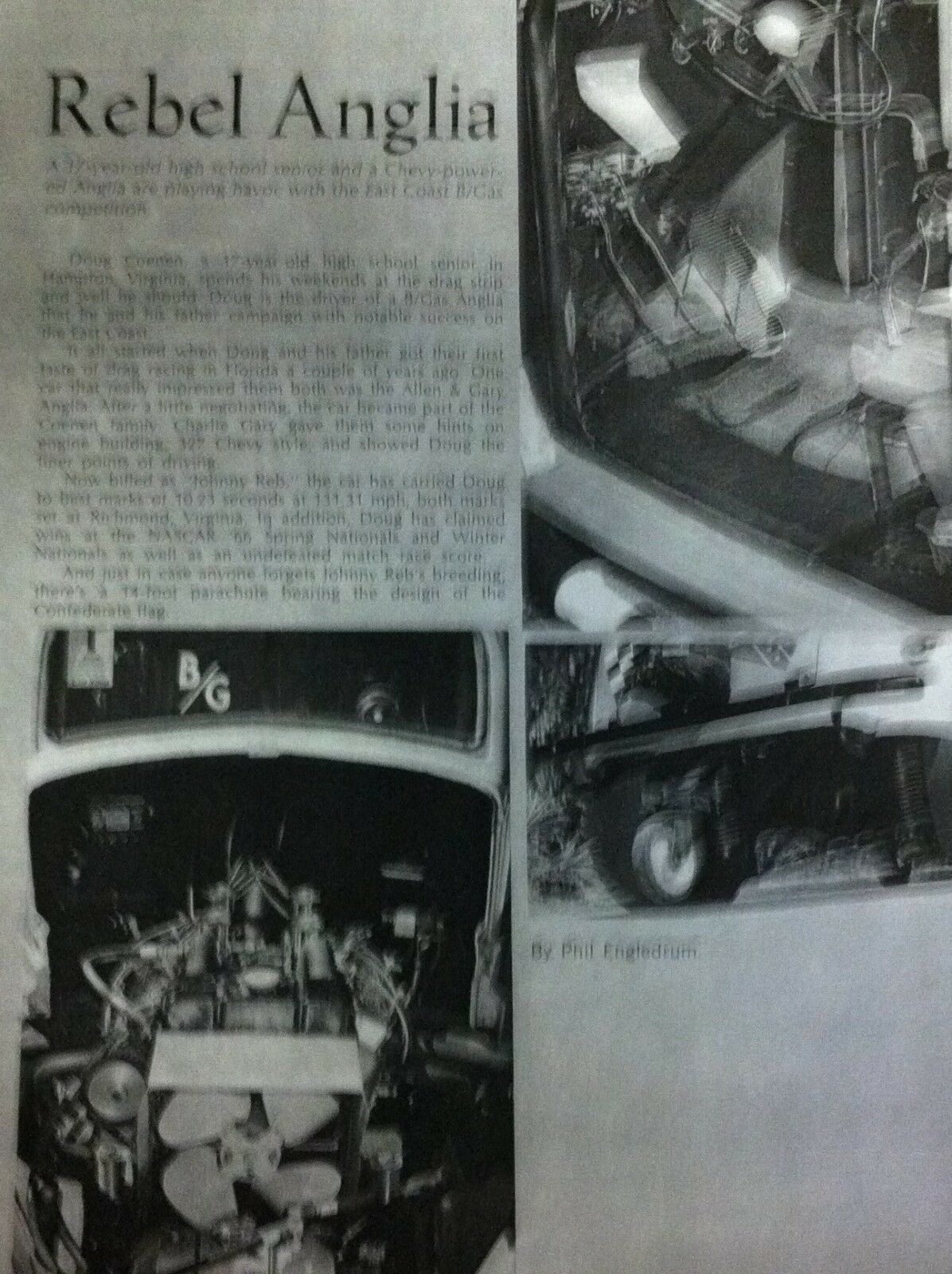 1967 NHRA Johnny Reb Chevy Powered Anglia B/G alterd/decal/embelm/print car ad - Fresh Stock Dated February 2026