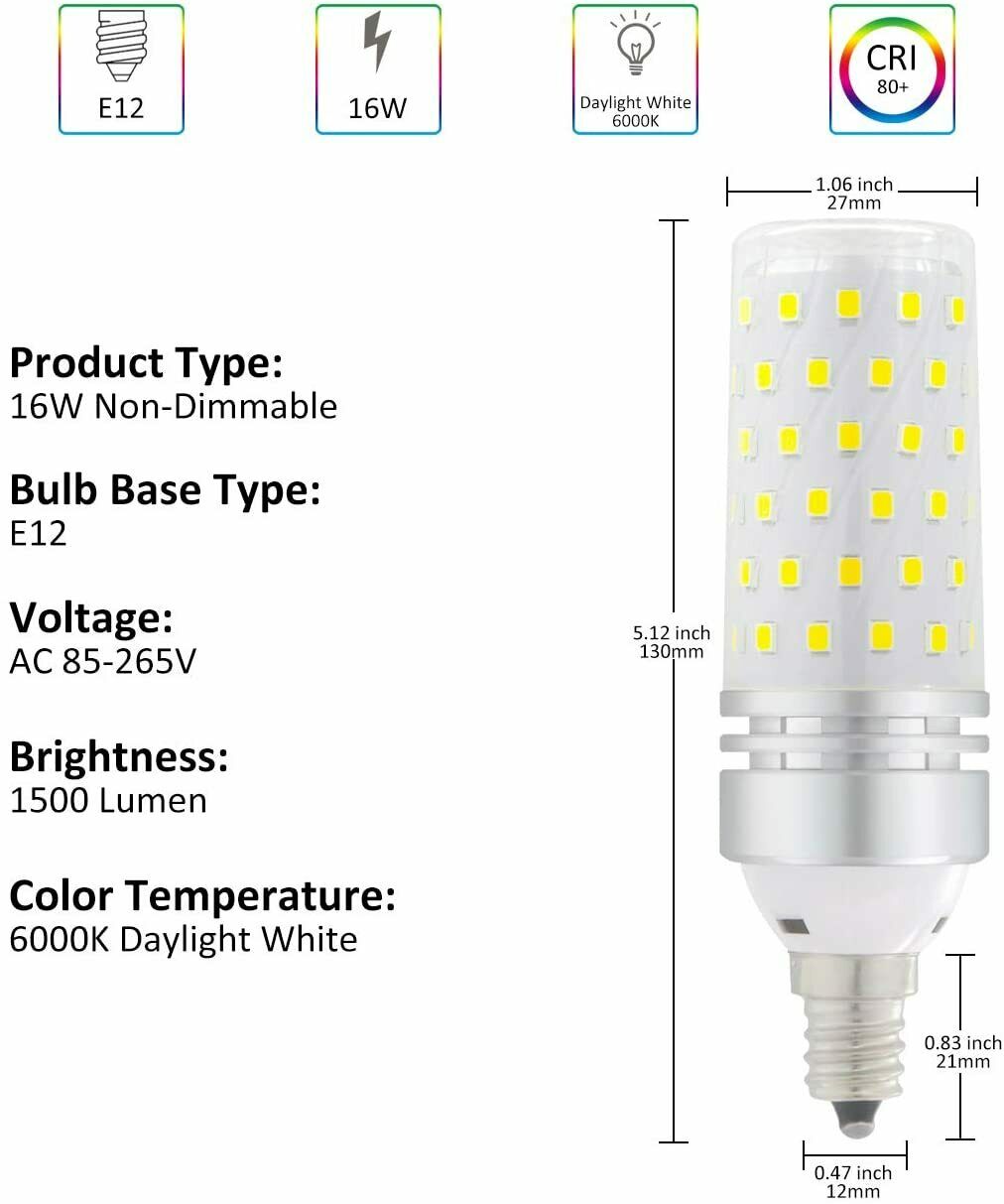 E12 LED Bulb,16W LED Candelabra Bulb 100 Watt Equivalent, Daylight White 6000K - Fresh Stock Dated February 2026