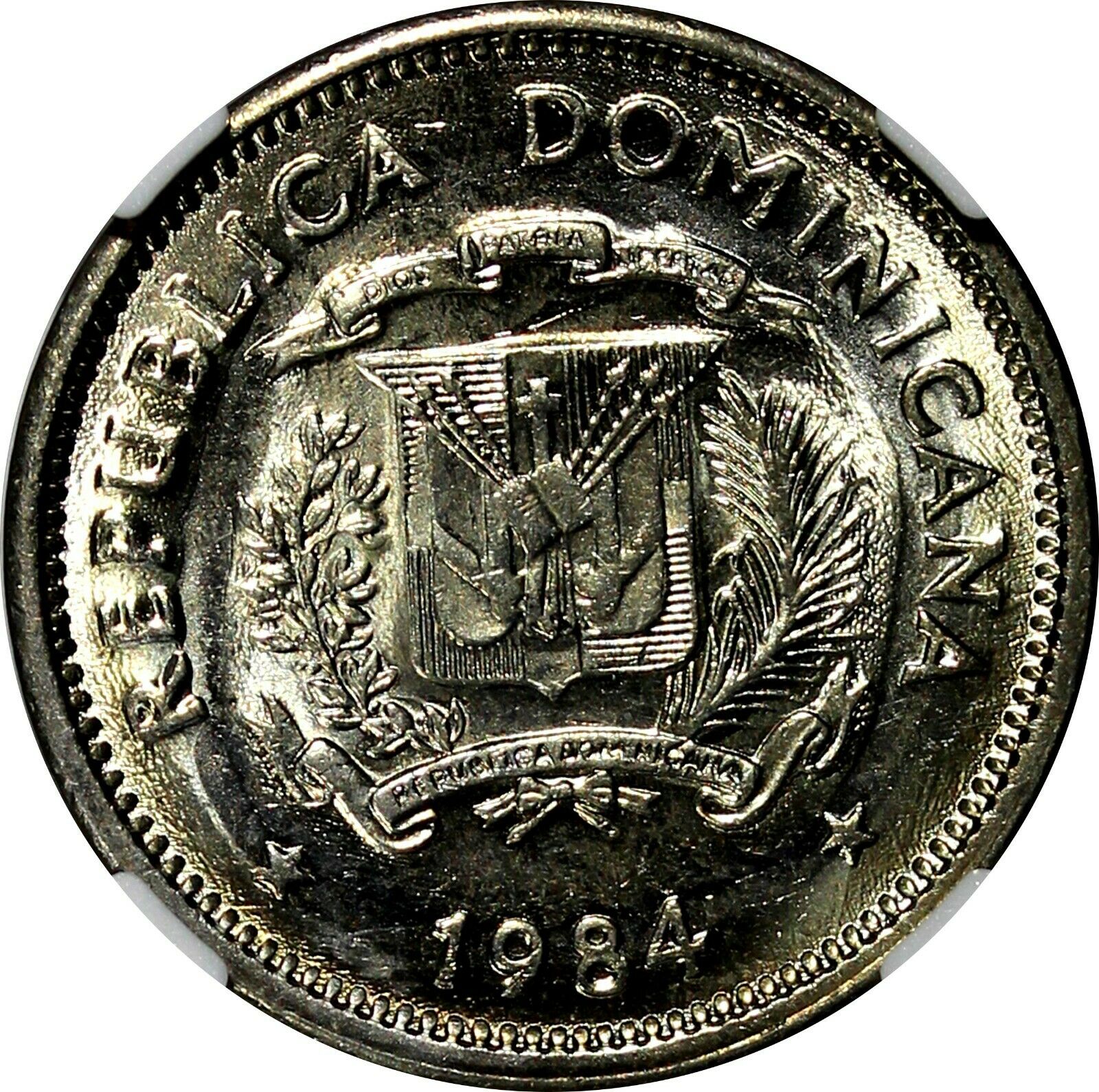 DOMINICAN REPUBLIC 1984 MO 5 Centavos NGC UNC DET. Sanchez and Mella KM# 59 (55) - Fresh Stock Dated December 2025