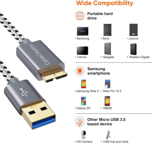 USB 3.0 Micro Cable, CableCreation A to B Cord, 3.3ft, Grey - Fresh Stock Dated February 2026